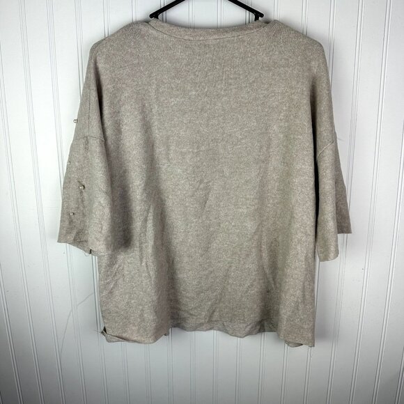 Zara Trafaluc Cream Short Sleeve Sweater Size Small Beaded pearl Detail - Picture 4 of 4